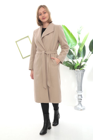 Mendil Yakalı Uzun Kaşe Kaban – Kuşaklı, Şık Krem