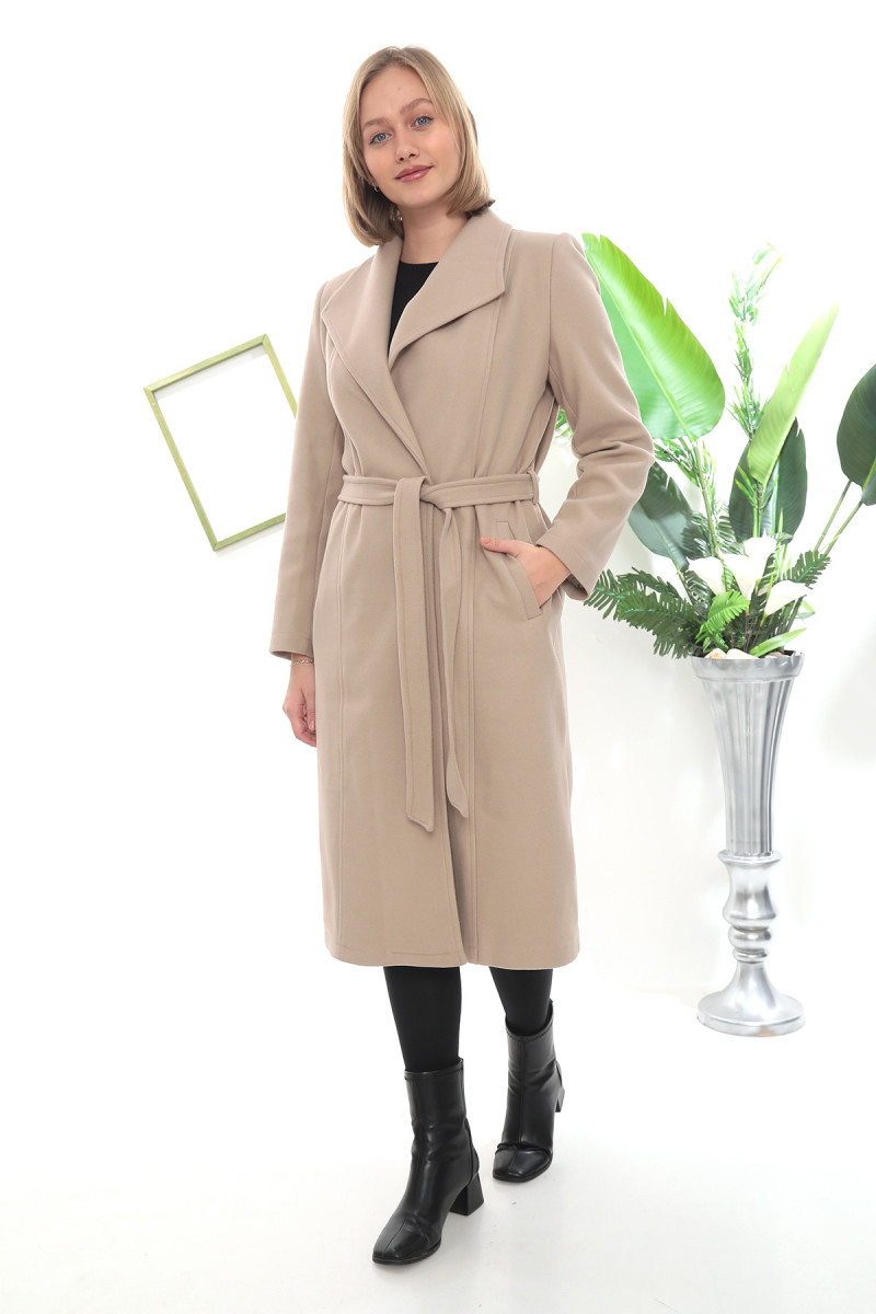 Mendil Yakalı Uzun Kaşe Kaban – Kuşaklı, Şık Krem