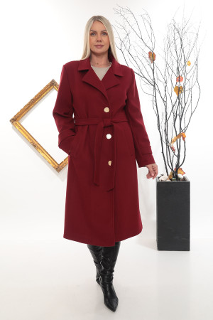 Altın Düğmeli Uzun Kaşe Kaban – Kuşaklı ve Yırtmaçlı - Kırmızı