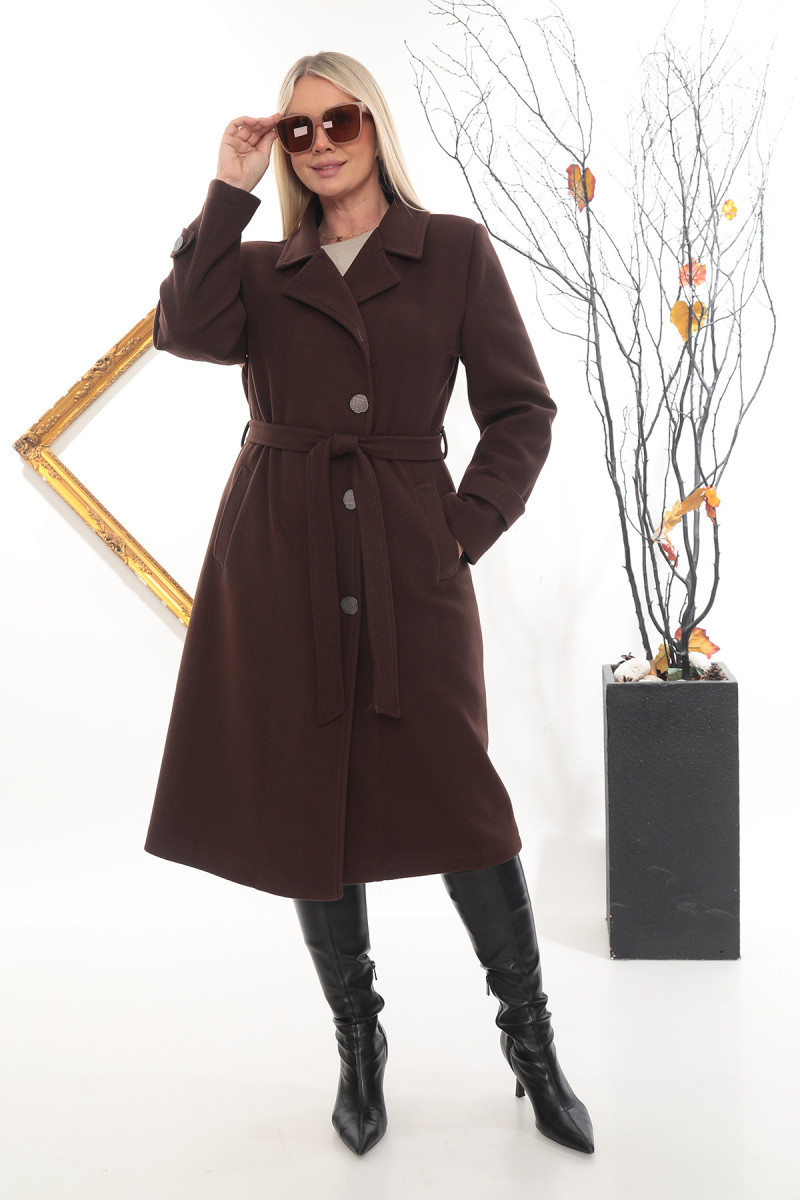 Düğmeli Uzun Kaşe Kaban – Kuşaklı ve Yırtmaçlı - Kahve Rengi