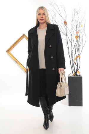 Düğmeli Uzun Kaşe Kaban – Kuşaklı ve Yırtmaçlı - Siyah
