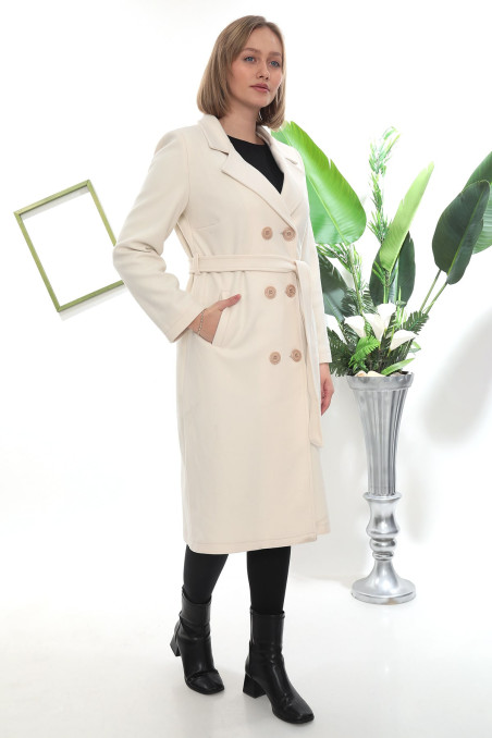 Kruvaze Düğmeli Uzun Kaşe Kaban – Kuşaklı, Taş Rengi