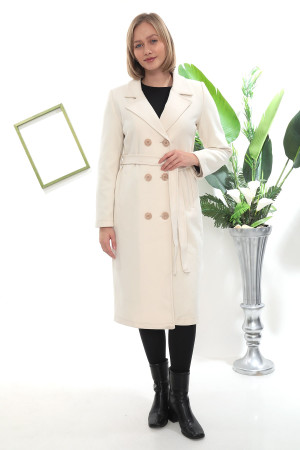 Kruvaze Düğmeli Uzun Kaşe Kaban – Kuşaklı, Taş Rengi