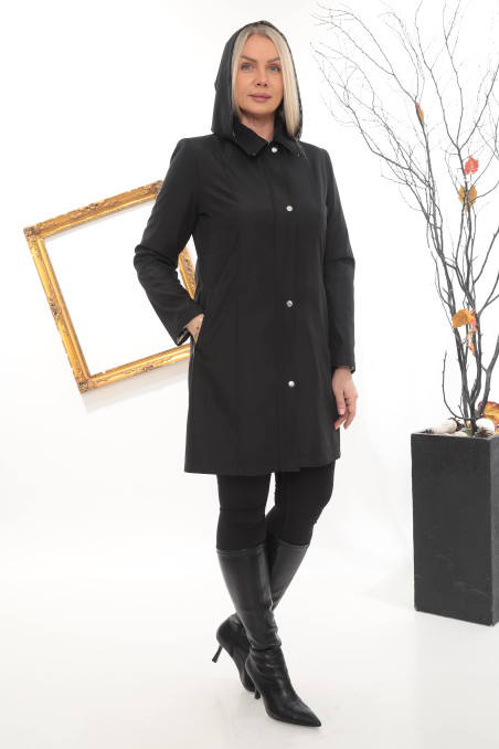 Trençkot Spatlı Kapüşonlu Kısa Kaban - Siyah