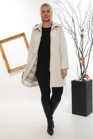 Trençkot Spatlı Kapüşonlu Kısa Kaban - Taş Rengi