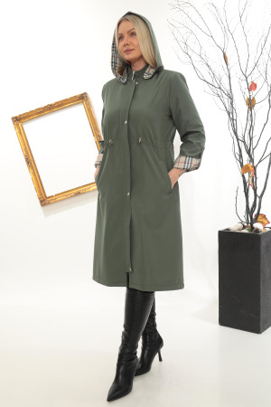 Trençkot Spatlı Belden İpli Kapüşonlu Uzun Kaban - Haki