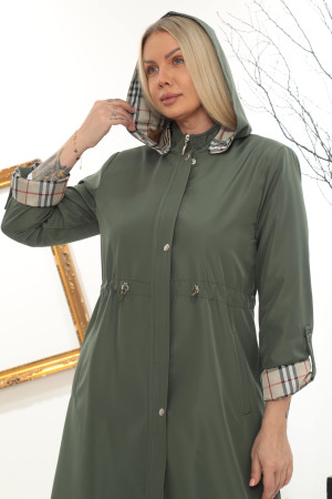 Trençkot Spatlı Belden İpli Kapüşonlu Uzun Kaban - Haki