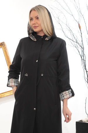Trençkot Spatlı Belden İpli Kapüşonlu Uzun Kaban - Siyah