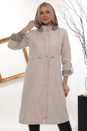 Trençkot Spatlı Belden İpli Kapüşonlu Uzun Kaban - Krem