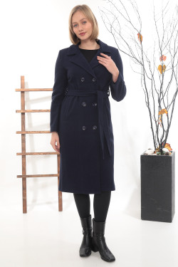 Kruvaze Düğmeli Uzun Kaşe Kaban – Kuşaklı, Lacivert