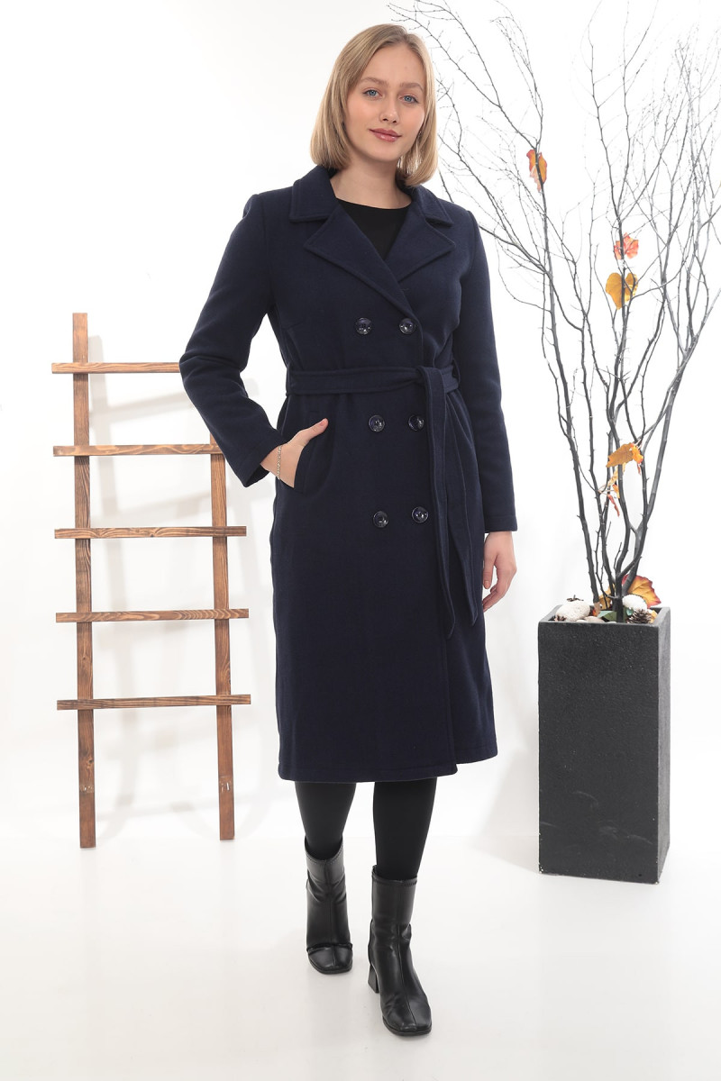 Kruvaze Düğmeli Uzun Kaşe Kaban – Kuşaklı, Lacivert