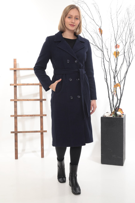 Kruvaze Düğmeli Uzun Kaşe Kaban – Kuşaklı, Lacivert