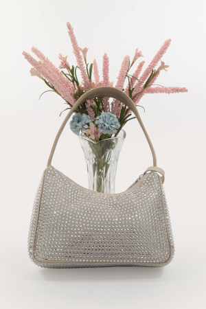 DMC Taşlı Saten Omuz Çantası - Krem / Nude