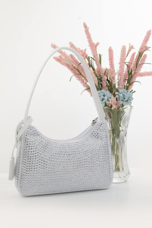 DMC Taşlı Saten Omuz Çantası - Beyaz