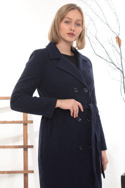 Kruvaze Düğmeli Uzun Kaşe Kaban – Kuşaklı, Lacivert