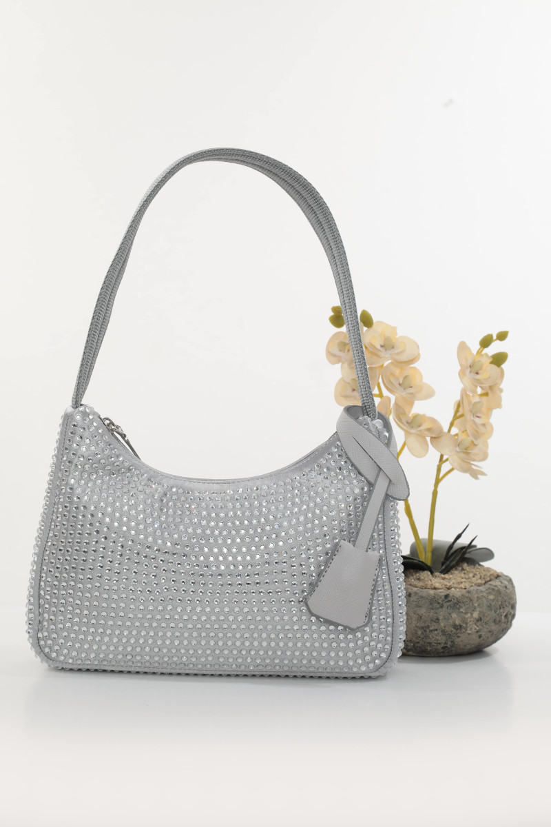 DMC Taşlı Saten Omuz Çantası - Gri