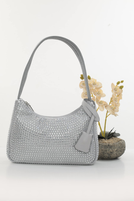DMC Taşlı Saten Omuz Çantası - Gri