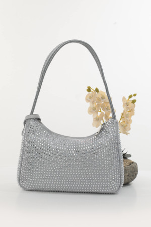 DMC Taşlı Saten Omuz Çantası - Gri