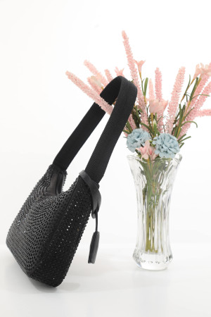 DMC Taşlı Saten Omuz Çantası - Siyah