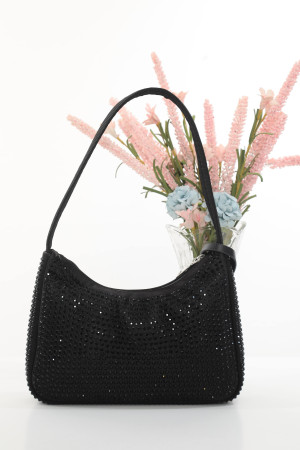 DMC Taşlı Saten Omuz Çantası - Siyah
