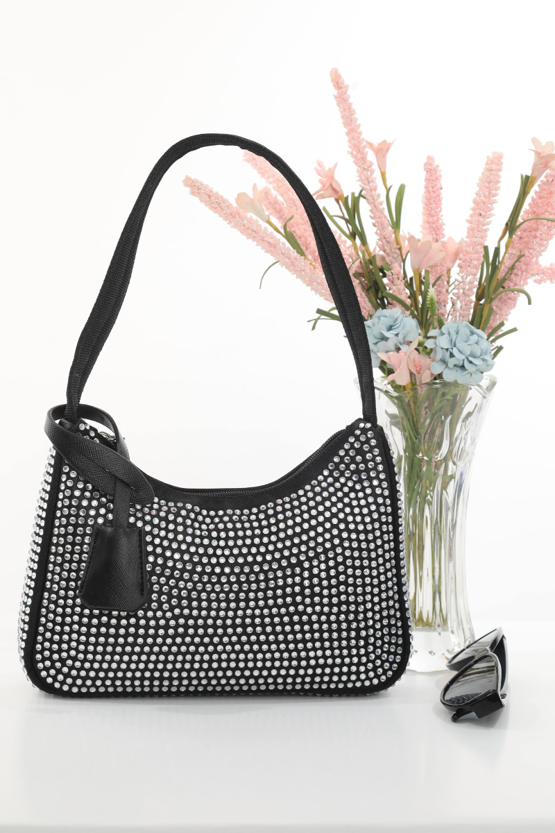 DMC Taşlı Saten Omuz Çantası - Siyah (Gümüş Taş)