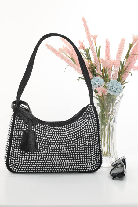DMC Taşlı Saten Omuz Çantası - Siyah (Gümüş Taş)