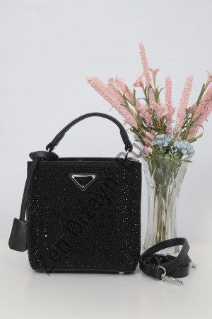 DMC Taşlı Kova Çanta - Siyaha Siyah