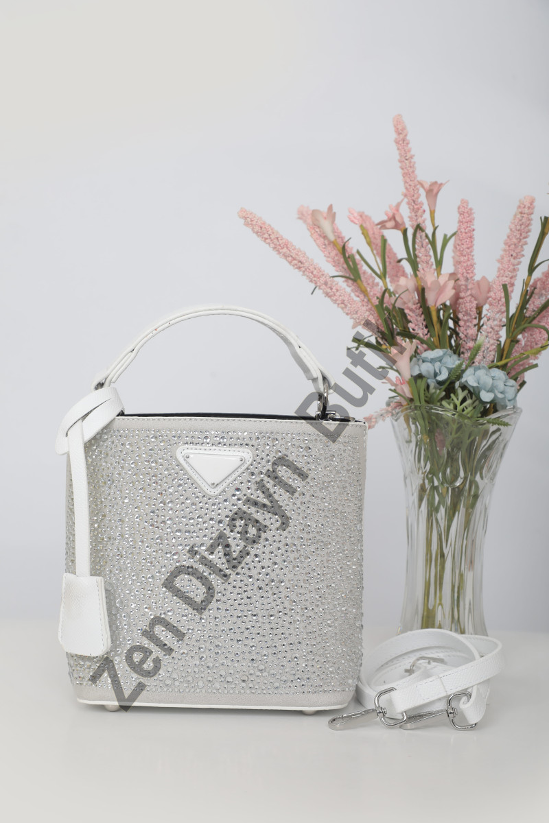 DMC Taşlı Kova Çanta - Beyaz