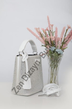 DMC Taşlı Kova Çanta - Beyaz