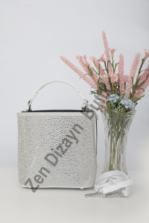 DMC Taşlı Kova Çanta - Beyaz