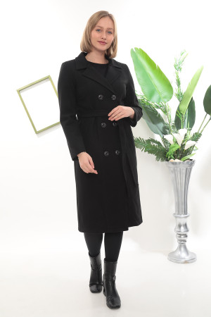 Kruvaze Düğmeli Uzun Kaşe Kaban – Kuşaklı, Siyah