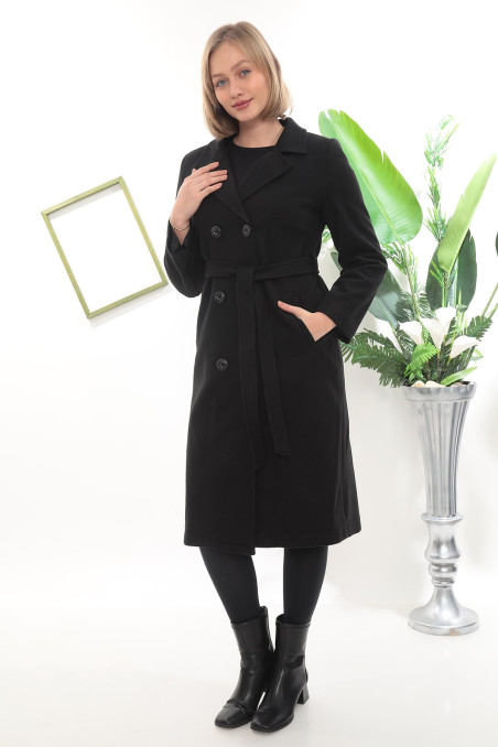 Kruvaze Düğmeli Uzun Kaşe Kaban – Kuşaklı, Siyah