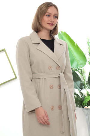 Kruvaze Düğmeli Uzun Kaşe Kaban – Kuşaklı, Krem