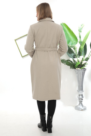 Kruvaze Düğmeli Uzun Kaşe Kaban – Kuşaklı, Krem