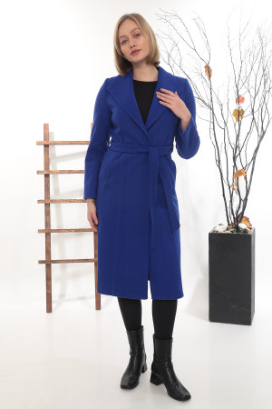 Mendil Yakalı Uzun Kaşe Kaban – Kuşaklı, Şık Saks Mavi