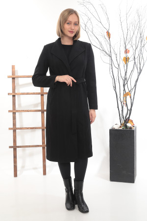 Mendil Yakalı Uzun Kaşe Kaban – Kuşaklı, Şık Siyah Model