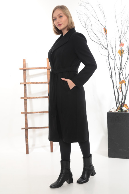 Mendil Yakalı Uzun Kaşe Kaban – Kuşaklı, Şık Siyah Model